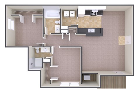 Floor plan for 2 beds, 2 baths, 877 sqft